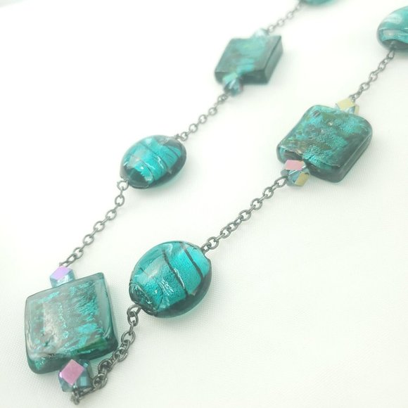 Womens Turquoise Aqua Stone Lobster Clasp Oval Link Chain Beaded Necklace - Picture 4 of 11